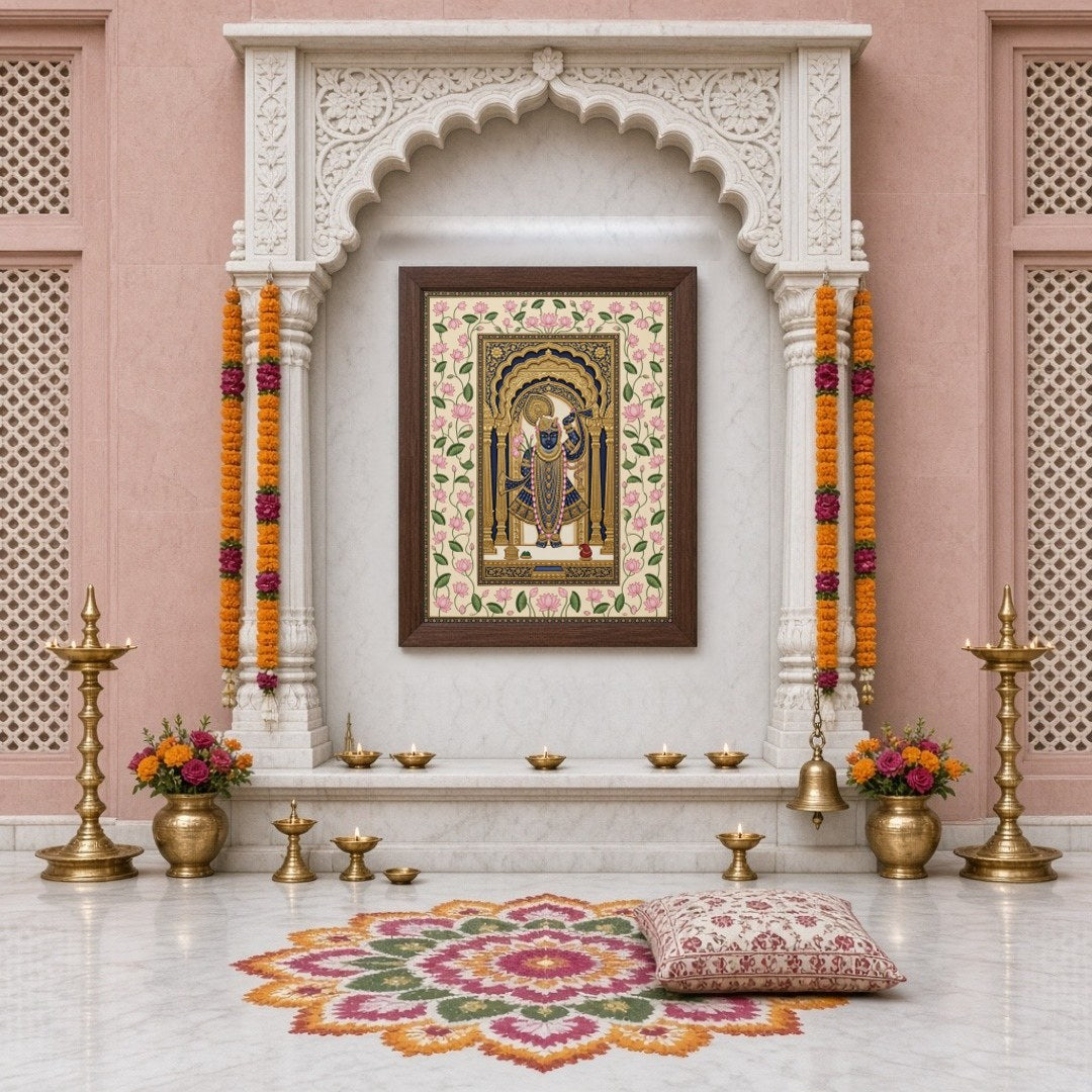 Experience the divine elegance of Shrinathji captured in regal attire, beautifully framed within for Home Temple