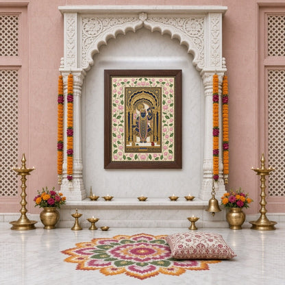 Experience the divine elegance of Shrinathji captured in regal attire, beautifully framed within for Home Temple