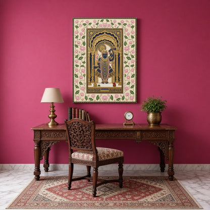 Experience the divine elegance of Shrinathji captured in regal attire, beautifully framed within for Study