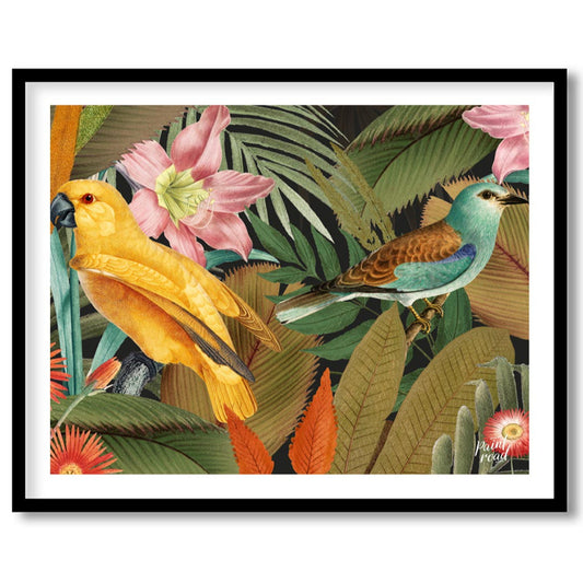 This rich and atmospheric illustration captures two colorful birds – a golden yellow parrot and a v… for sweet home
