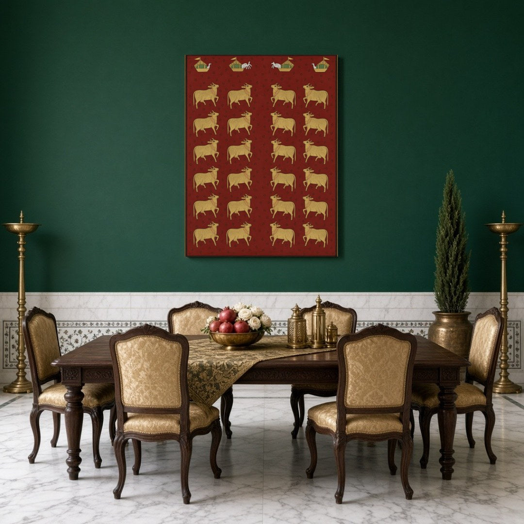 Delve into the opulent world of Pichwai art with this exquisite portrayal of sacred cows against a for Dining