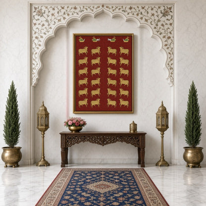 Delve into the opulent world of Pichwai art with this exquisite portrayal of sacred cows against a for Hallway