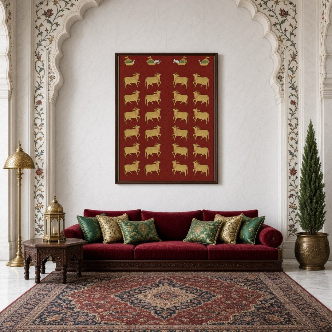 Delve into the opulent world of Pichwai art with this exquisite portrayal of sacred cows against a for Living Room