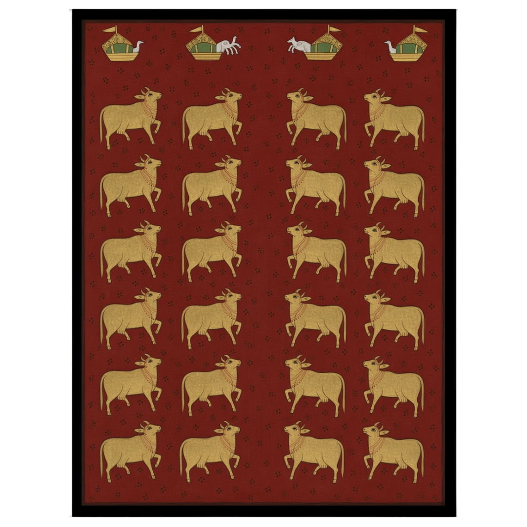 Delve into the opulent world of Pichwai art with this exquisite portrayal of sacred cows against a for sanctuary
