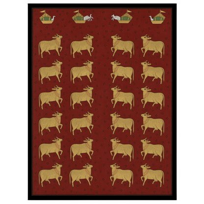 Delve into the opulent world of Pichwai art with this exquisite portrayal of sacred cows against a for sanctuary