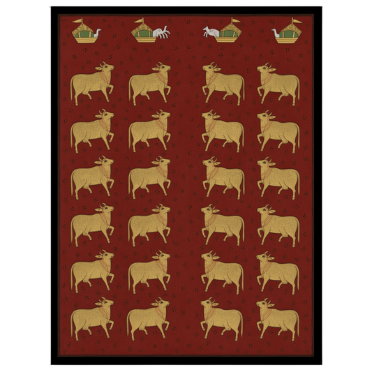 Delve into the opulent world of Pichwai art with this exquisite portrayal of sacred cows against a for sanctuary