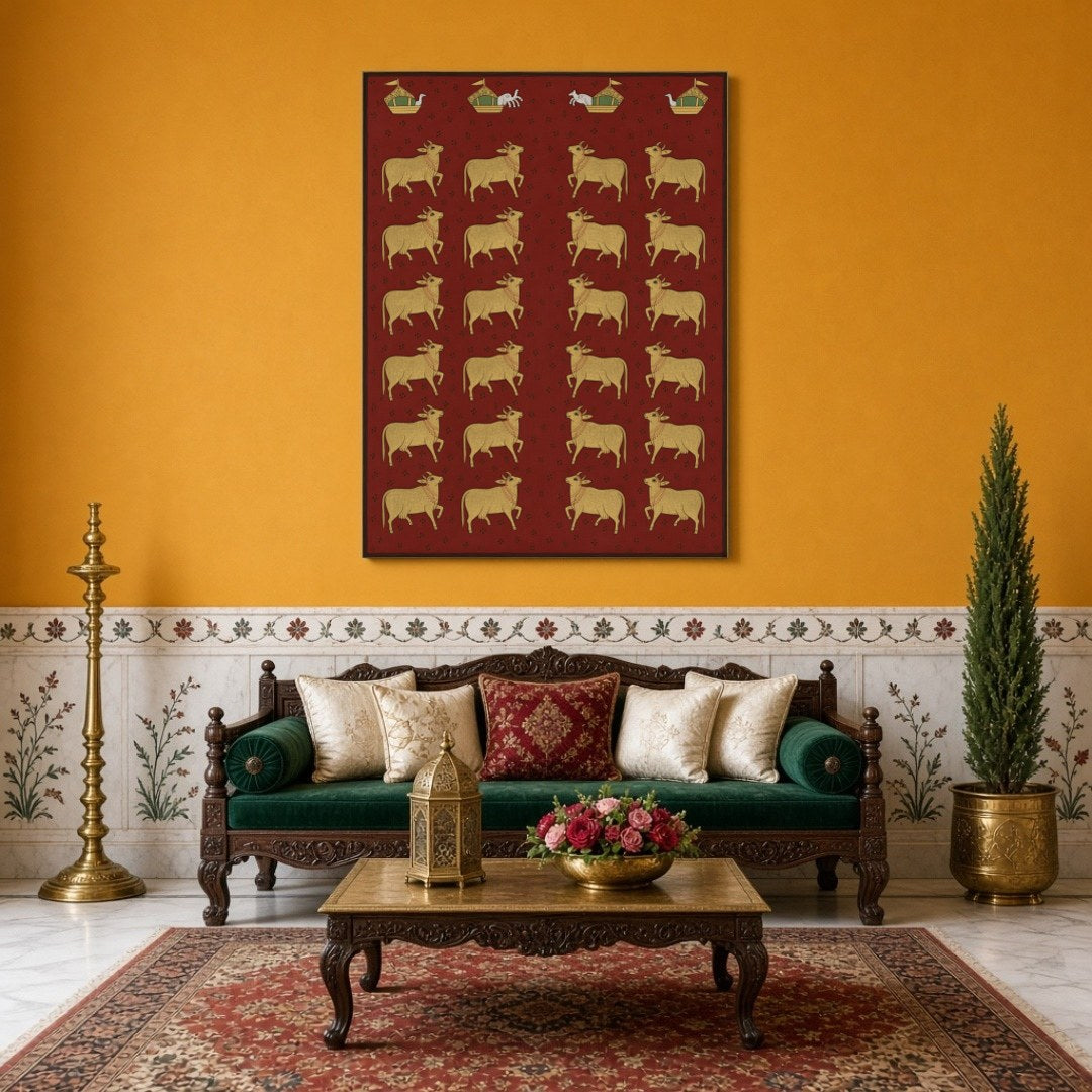 Delve into the opulent world of Pichwai art with this exquisite portrayal of sacred cows against a for Sitting Area