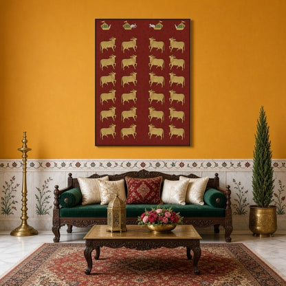 Delve into the opulent world of Pichwai art with this exquisite portrayal of sacred cows against a for Sitting Area