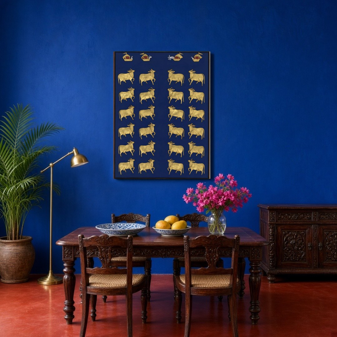 This exquisite Pichwai artwork features a regal procession of sacred cows set against a deep indigo for Dining