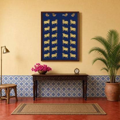 This exquisite Pichwai artwork features a regal procession of sacred cows set against a deep indigo for Hallway