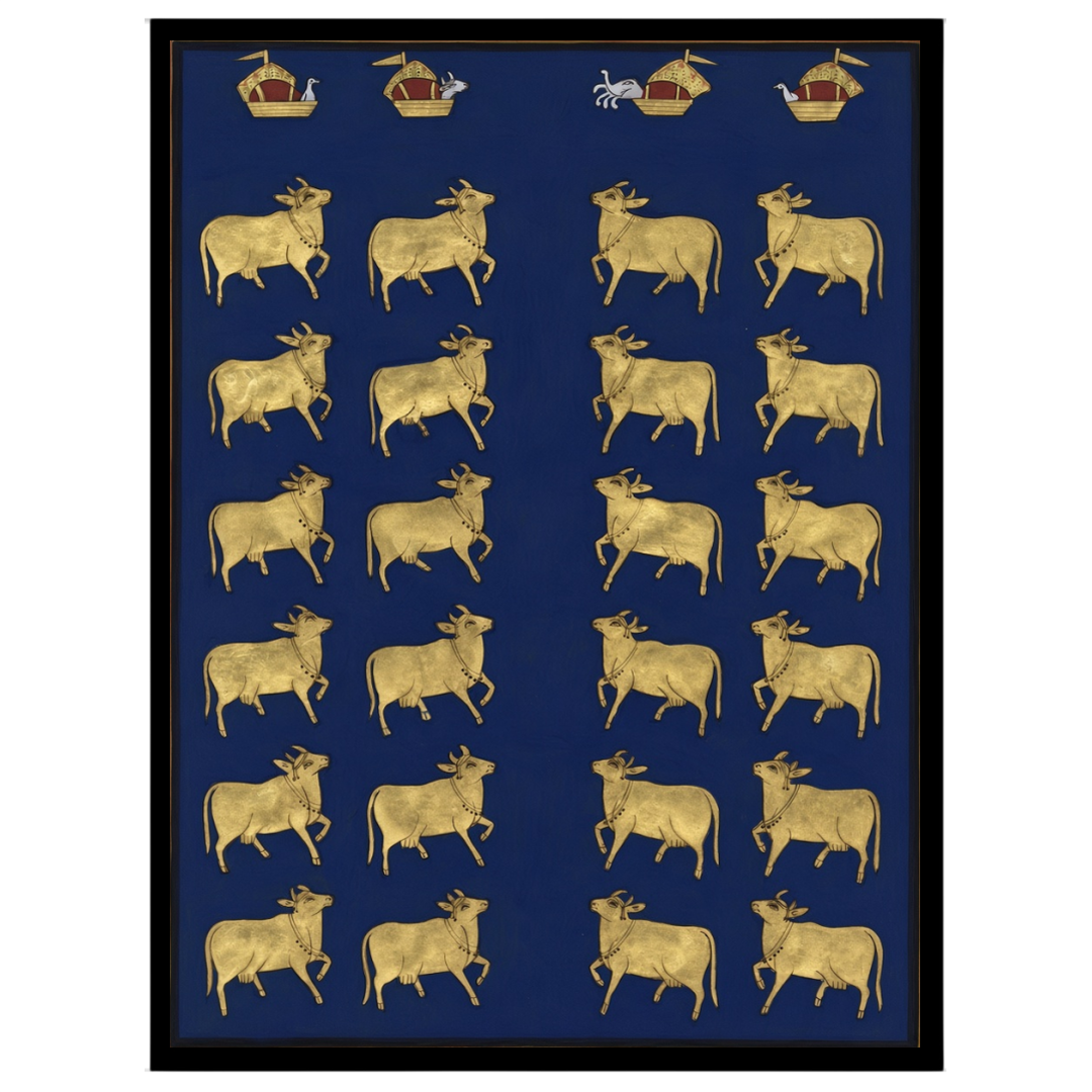 This exquisite Pichwai artwork features a regal procession of sacred cows set against a deep indigo for home