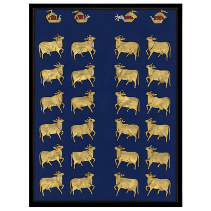 This exquisite Pichwai artwork features a regal procession of sacred cows set against a deep indigo for home
