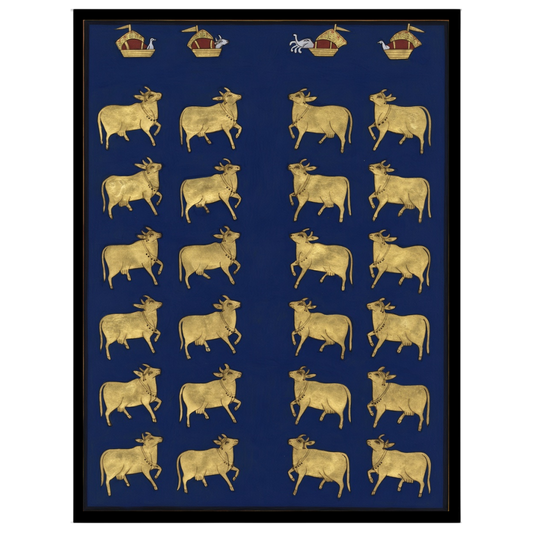 This exquisite Pichwai artwork features a regal procession of sacred cows set against a deep indigo for home