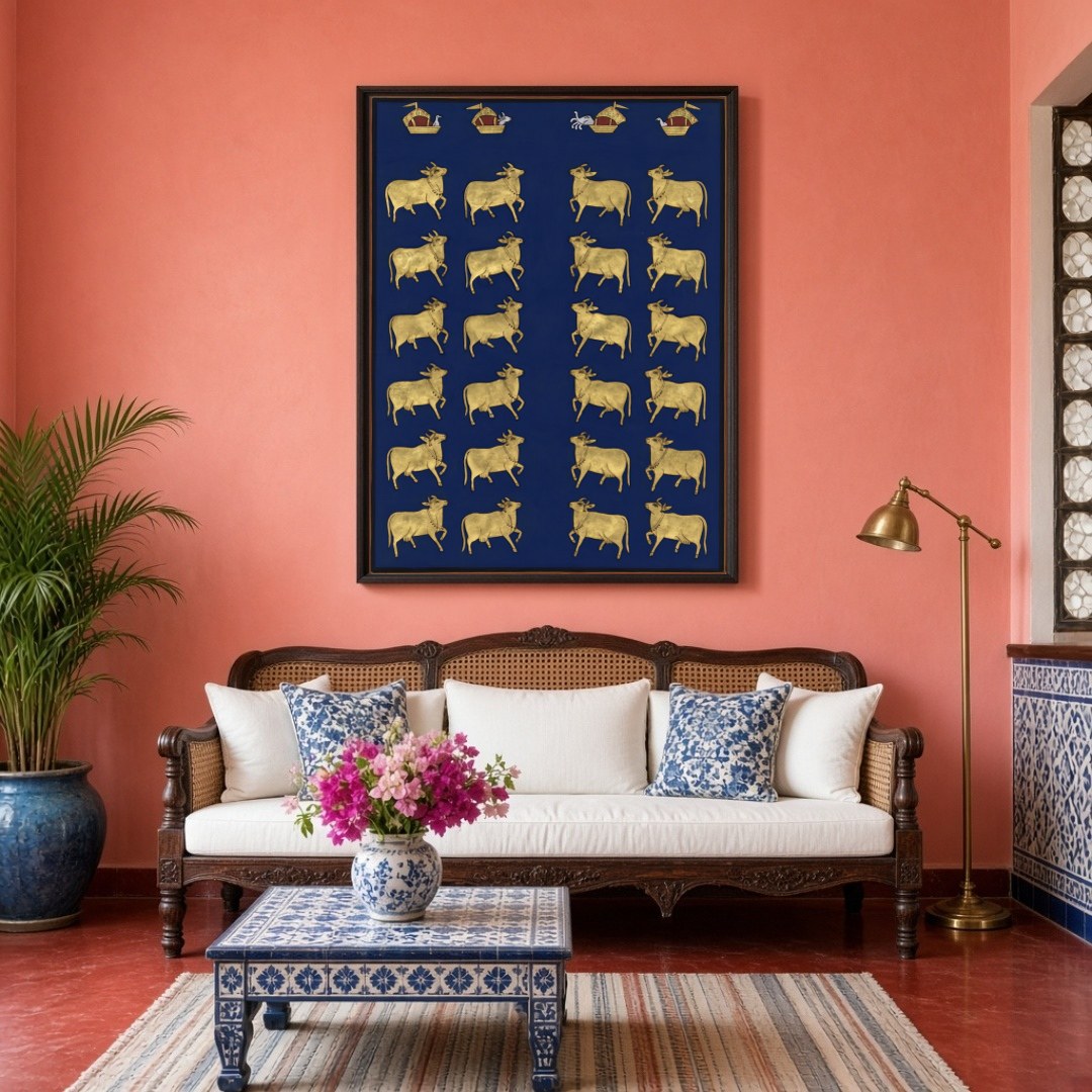This exquisite Pichwai artwork features a regal procession of sacred cows set against a deep indigo for Living Room