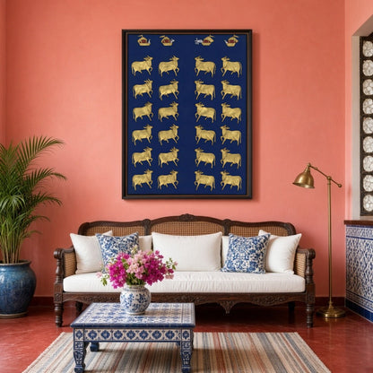 This exquisite Pichwai artwork features a regal procession of sacred cows set against a deep indigo for Living Room