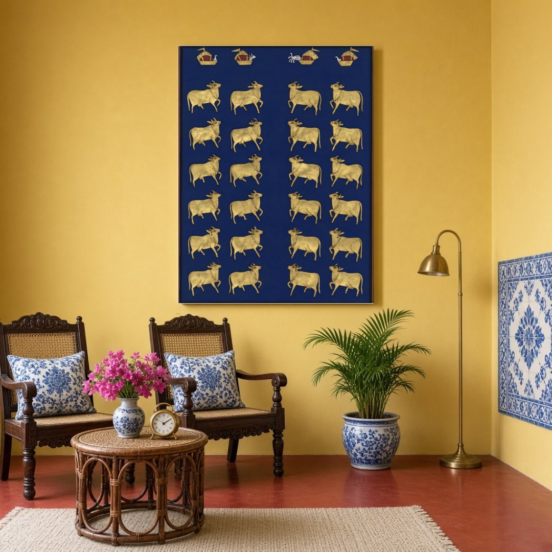This exquisite Pichwai artwork features a regal procession of sacred cows set against a deep indigo for Sitting Area