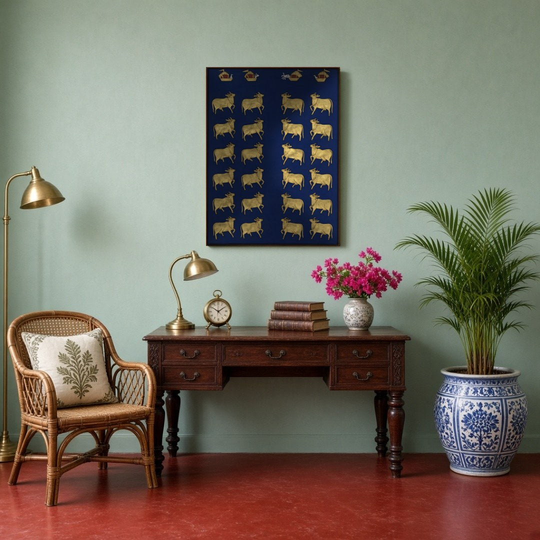 This exquisite Pichwai artwork features a regal procession of sacred cows set against a deep indigo for Study