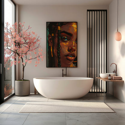 This stunning digital artwork captures the intricate beauty and individuality of a young woman ador… for bathroom