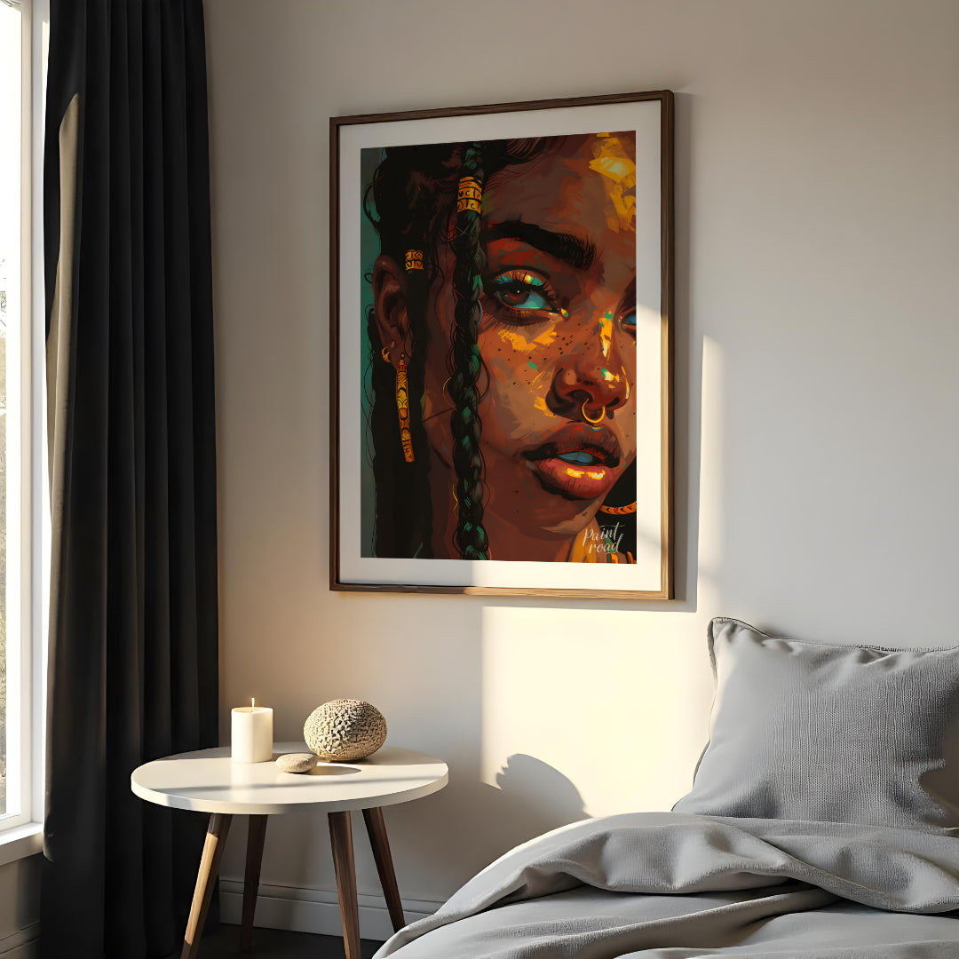 This stunning digital artwork captures the intricate beauty and individuality of a young woman ador… for bedroom