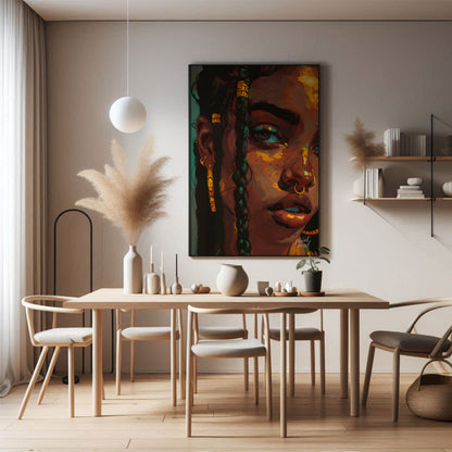 This stunning digital artwork captures the intricate beauty and individuality of a young woman ador… for dining room