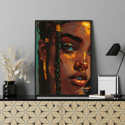 This stunning digital artwork captures the intricate beauty and individuality of a young woman ador… for living room