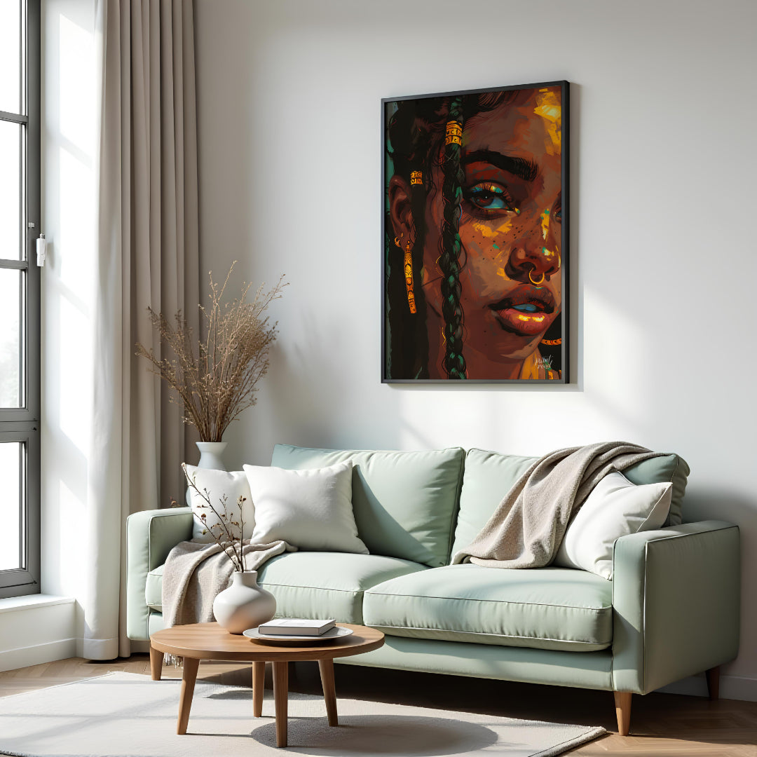 This stunning digital artwork captures the intricate beauty and individuality of a young woman ador… for living room