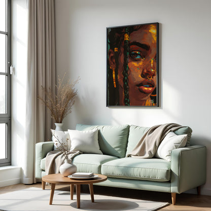 This stunning digital artwork captures the intricate beauty and individuality of a young woman ador… for living room