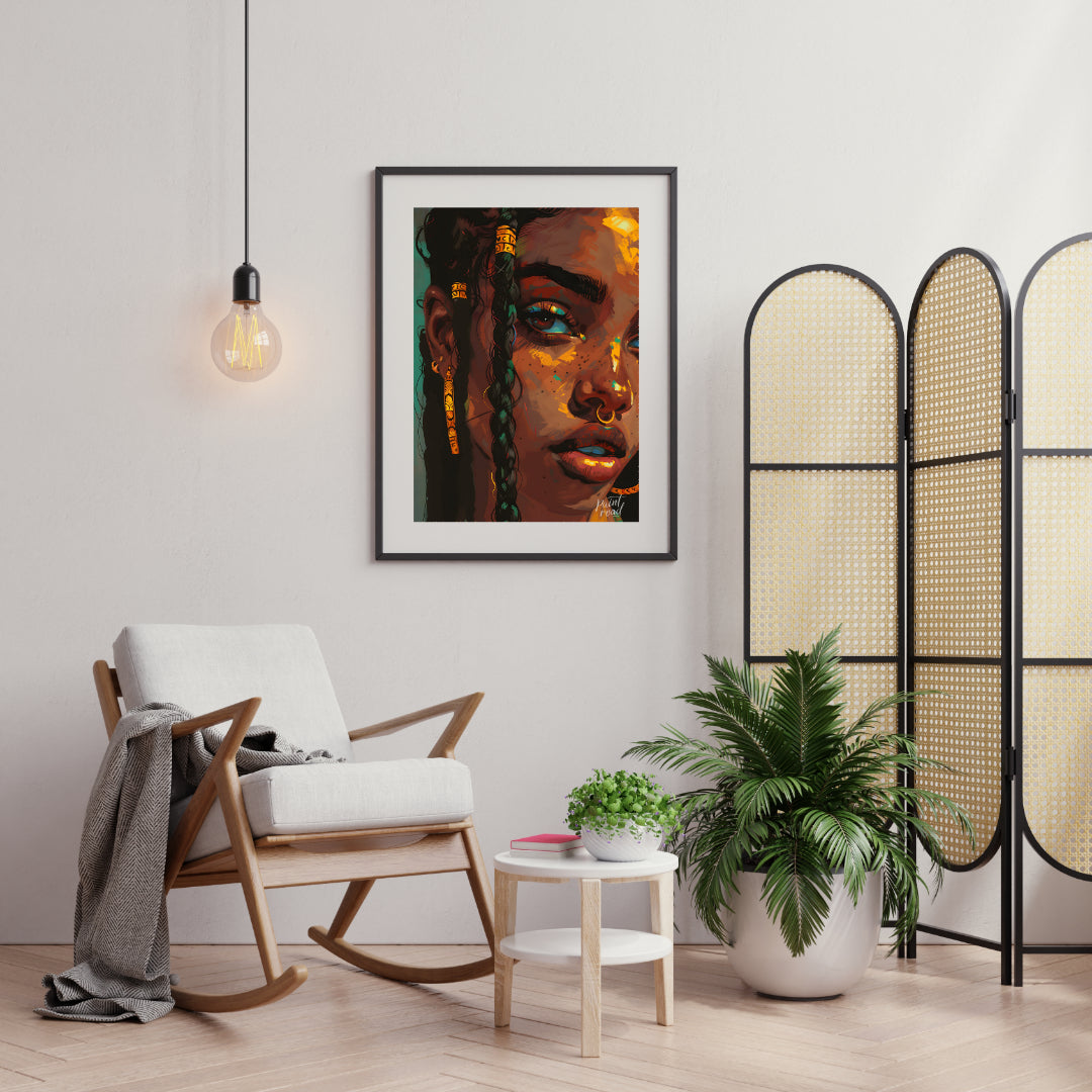 This stunning digital artwork captures the intricate beauty and individuality of a young woman ador… for living room