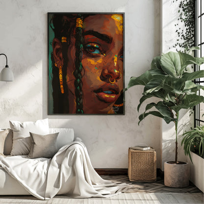 This stunning digital artwork captures the intricate beauty and individuality of a young woman ador… for living room