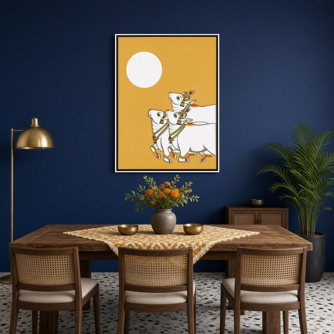 Embrace the serene beauty of traditional Pichwai art with this captivating piece depicting three for Dining