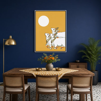 Embrace the serene beauty of traditional Pichwai art with this captivating piece depicting three for Dining