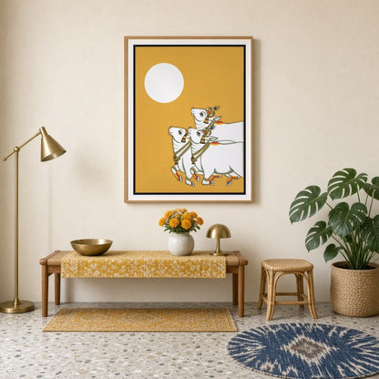 Embrace the serene beauty of traditional Pichwai art with this captivating piece depicting three for Entrance