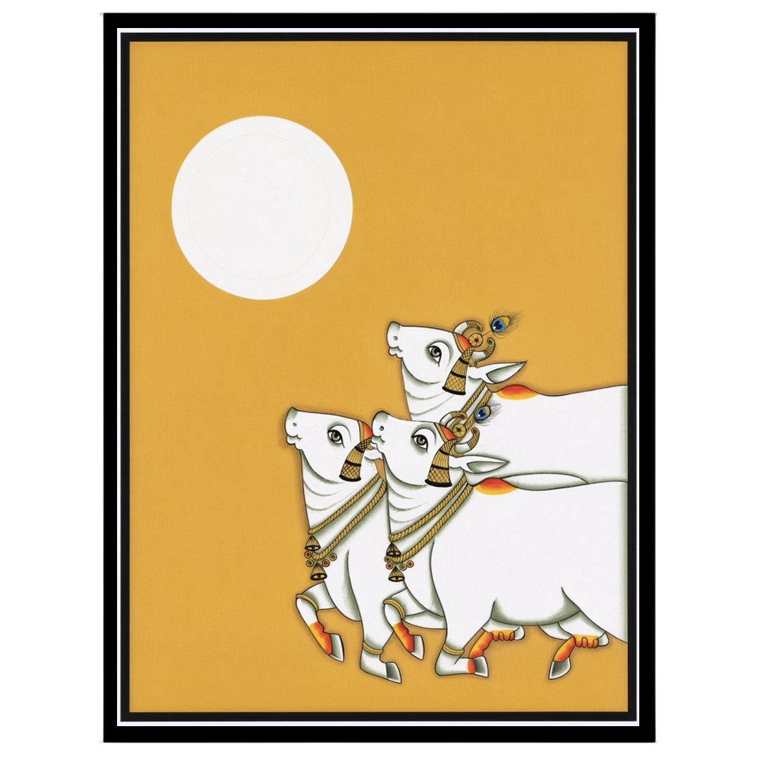 Embrace the serene beauty of traditional Pichwai art with this captivating piece depicting three for hallway