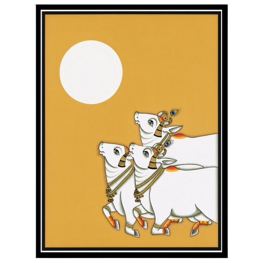 Embrace the serene beauty of traditional Pichwai art with this captivating piece depicting three for hallway