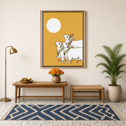Embrace the serene beauty of traditional Pichwai art with this captivating piece depicting three for haven