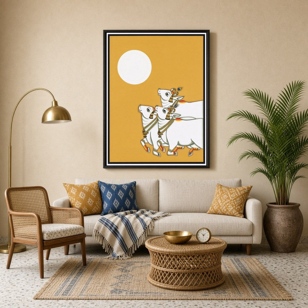 Embrace the serene beauty of traditional Pichwai art with this captivating piece depicting three for Living Room