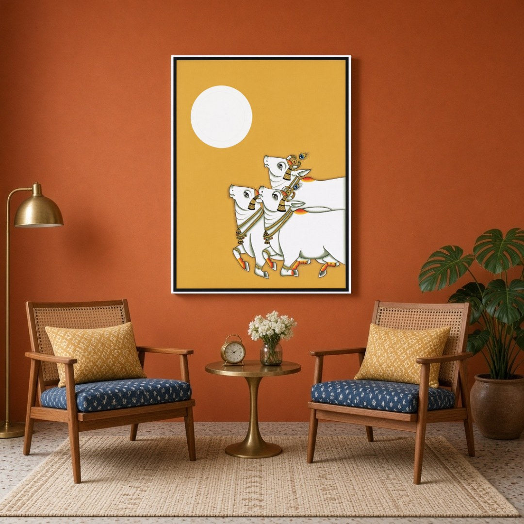 Embrace the serene beauty of traditional Pichwai art with this captivating piece depicting three for Sitting Area