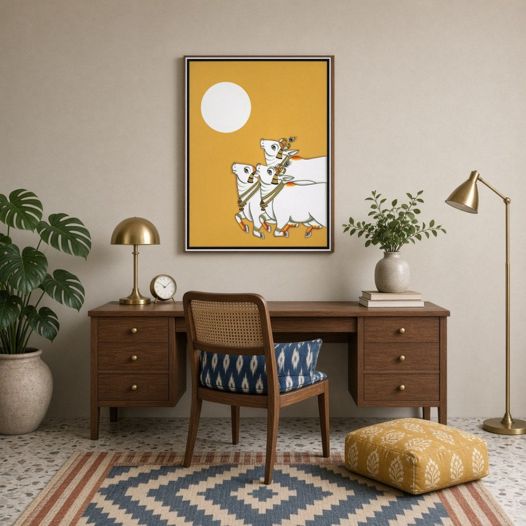Embrace the serene beauty of traditional Pichwai art with this captivating piece depicting three for Study
