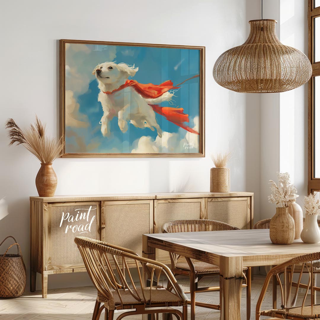 This endearing digital painting portrays a fluffy white dog, resembling a Golden Retriever puppy, g… for dining room