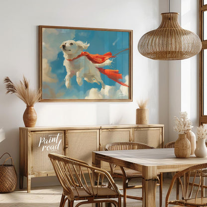 This endearing digital painting portrays a fluffy white dog, resembling a Golden Retriever puppy, g… for dining room