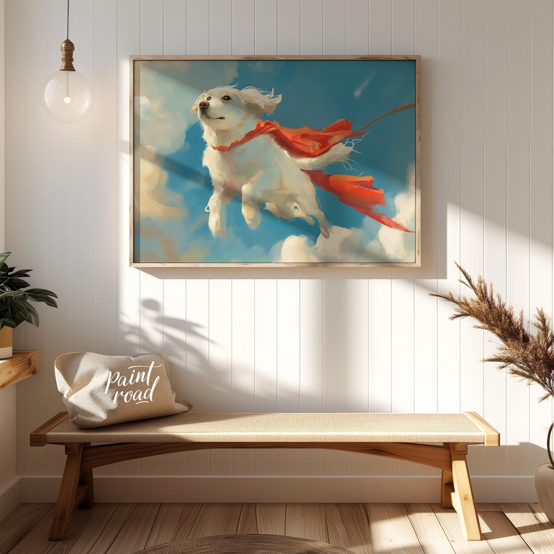 This endearing digital painting portrays a fluffy white dog, resembling a Golden Retriever puppy, g… for entryway