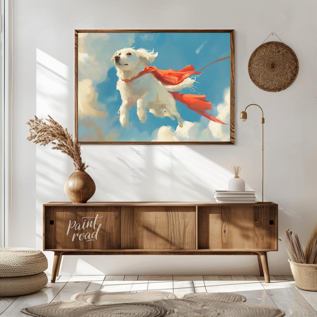 This endearing digital painting portrays a fluffy white dog, resembling a Golden Retriever puppy, g… for living room