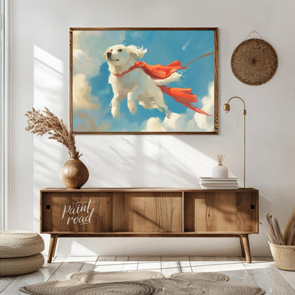 This endearing digital painting portrays a fluffy white dog, resembling a Golden Retriever puppy, g… for living room