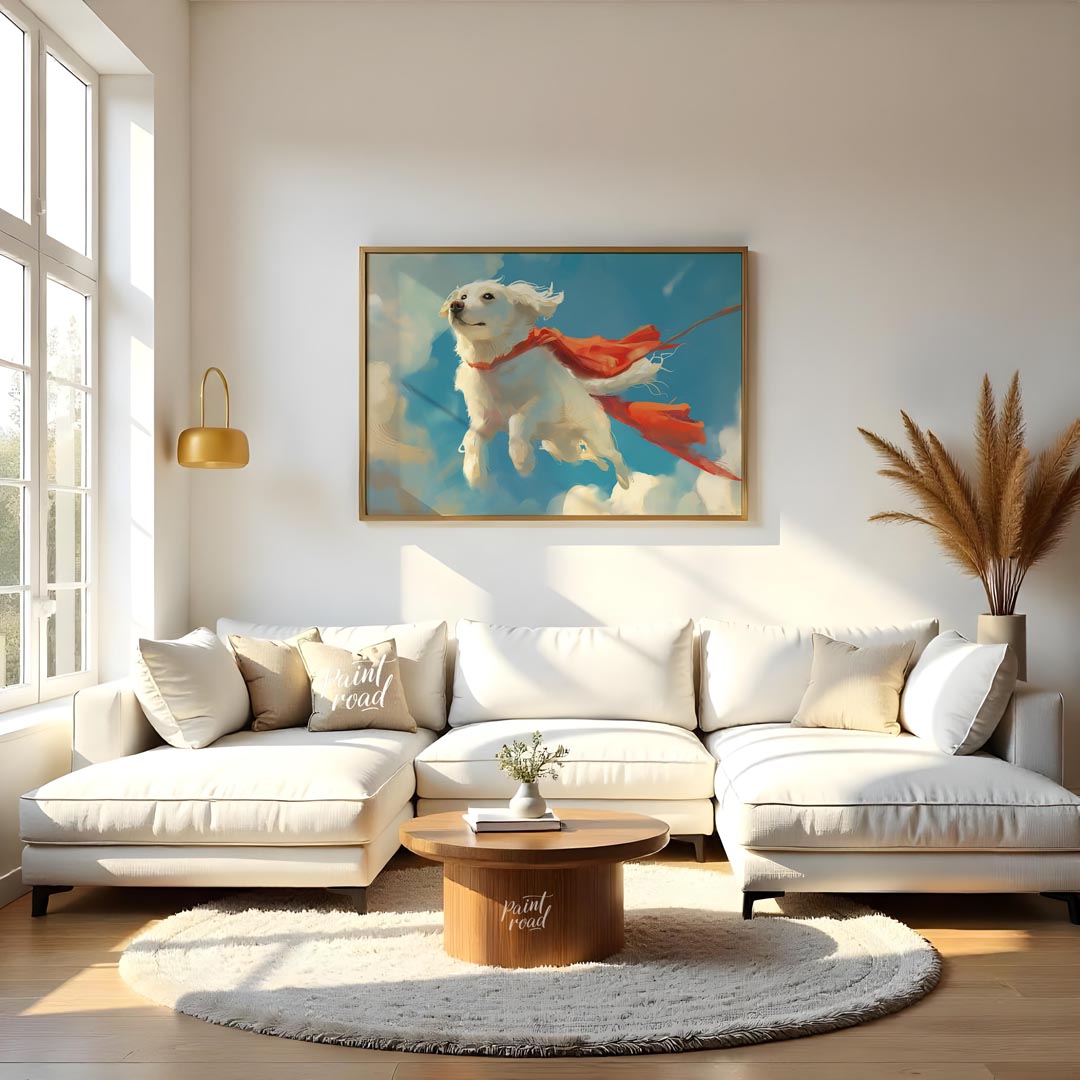 This endearing digital painting portrays a fluffy white dog, resembling a Golden Retriever puppy, g… for living room