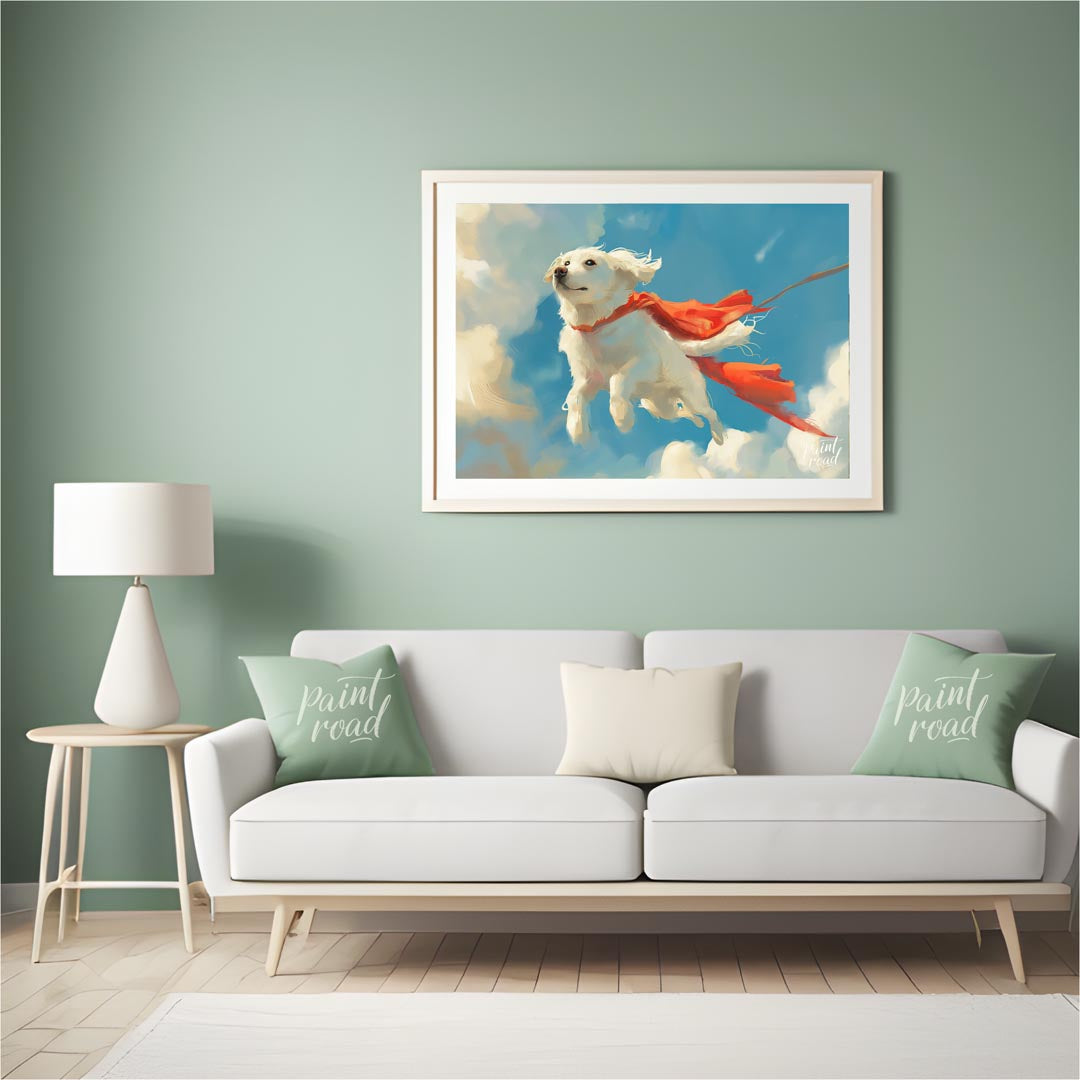 This endearing digital painting portrays a fluffy white dog, resembling a Golden Retriever puppy, g… for living room