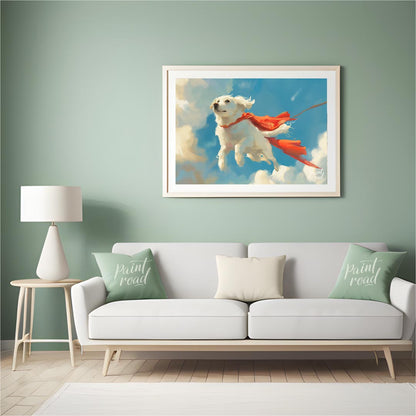 This endearing digital painting portrays a fluffy white dog, resembling a Golden Retriever puppy, g… for living room