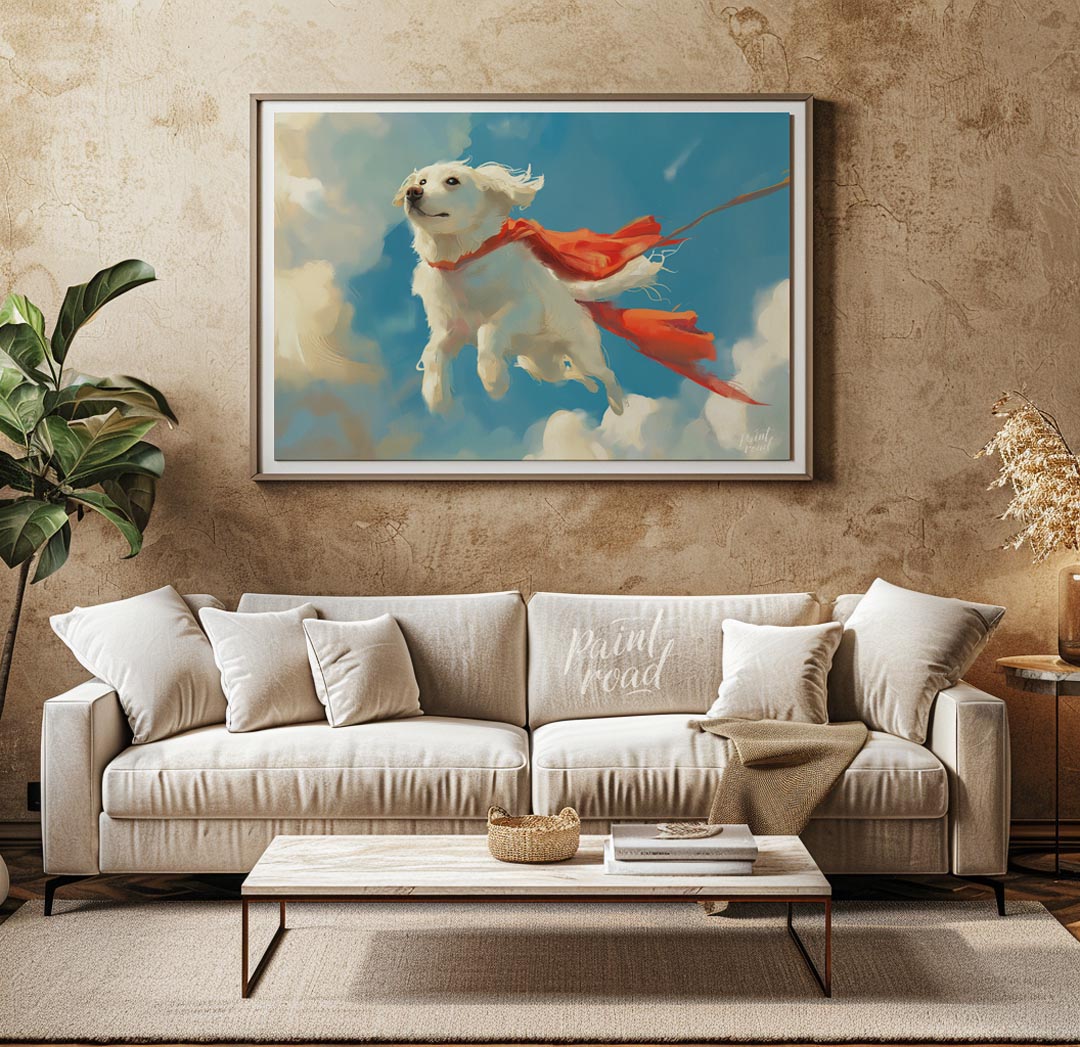 This endearing digital painting portrays a fluffy white dog, resembling a Golden Retriever puppy, g… for living room