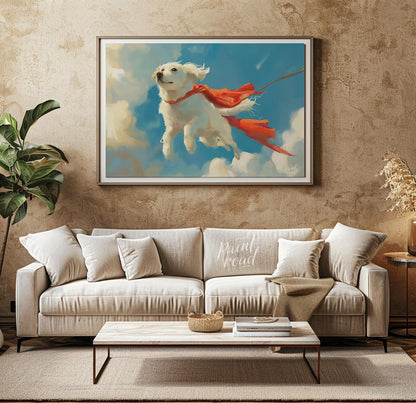 This endearing digital painting portrays a fluffy white dog, resembling a Golden Retriever puppy, g… for living room