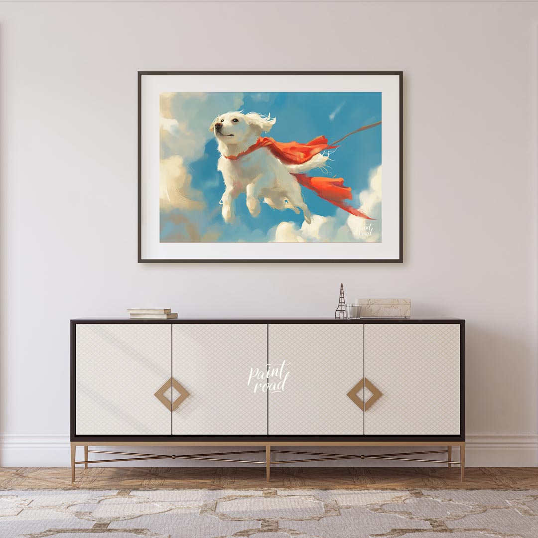 This endearing digital painting portrays a fluffy white dog, resembling a Golden Retriever puppy, g… for living room