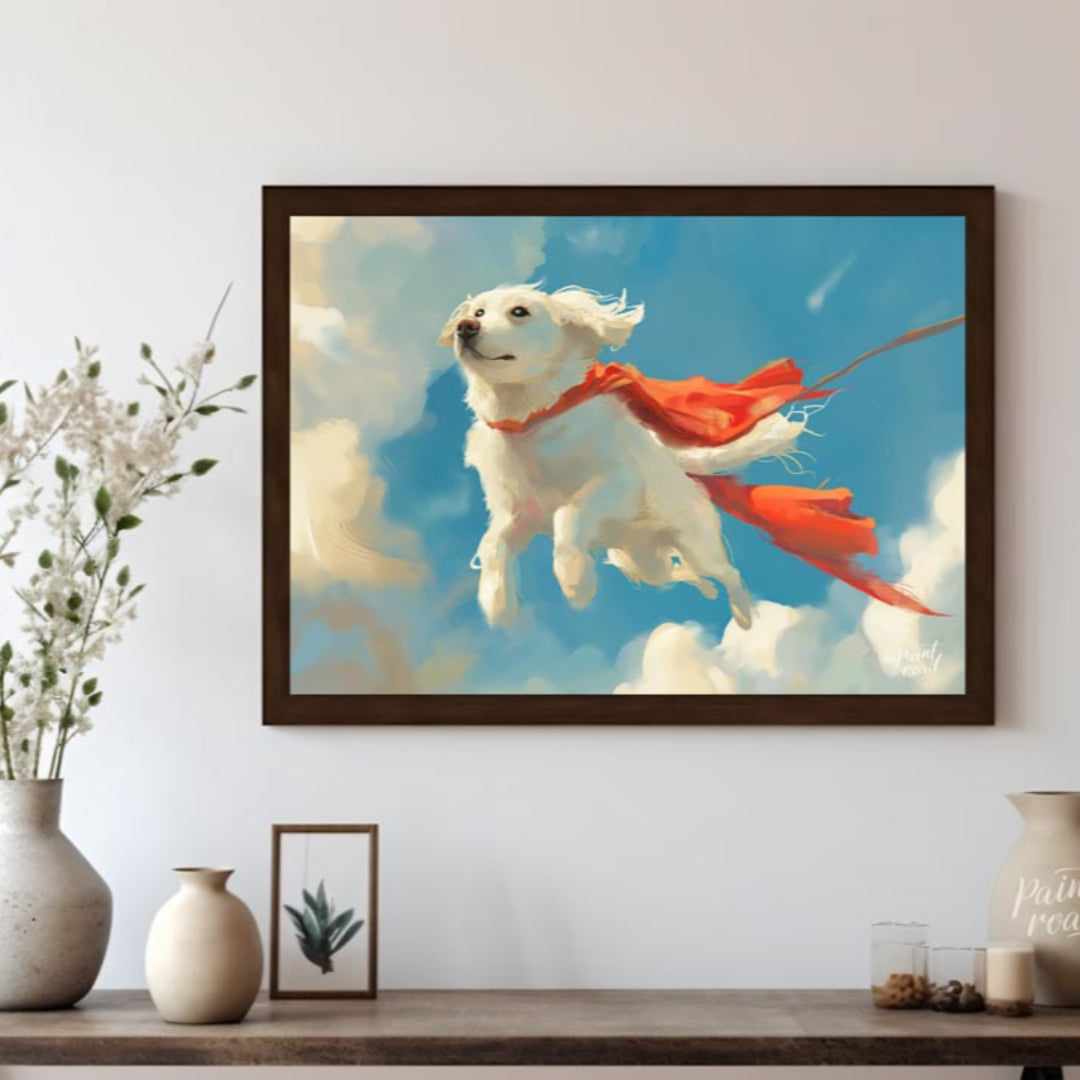 This endearing digital painting portrays a fluffy white dog, resembling a Golden Retriever puppy, g… for living room